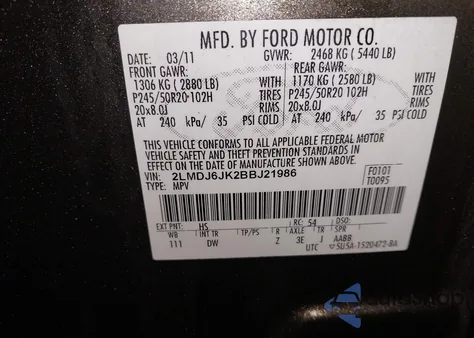 2011 Lincoln Mkx from USA, damaged, VIN 2LMDJ6JK2BBJ21986